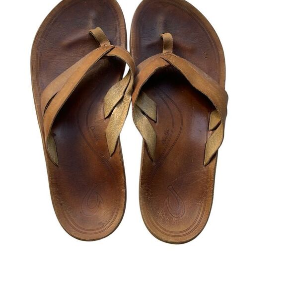 OLUKAI Kaekae Tan Brown Leather Flip Flop Sandals Size 8.5-9 - Picture 1 of 6